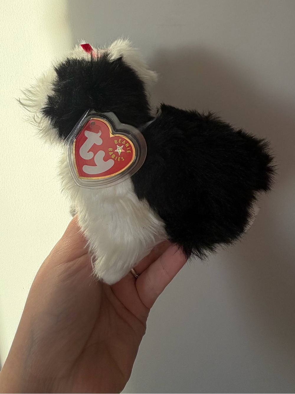 Ty Beanie Babies 2001 “Poofie” Black and White Dog with Bow Plush
